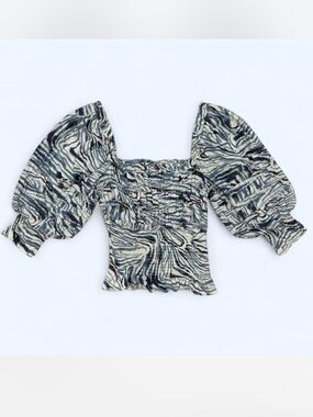 Love The Label Chakka Blue Abstract Smocked Puff Sleeve Blouse M